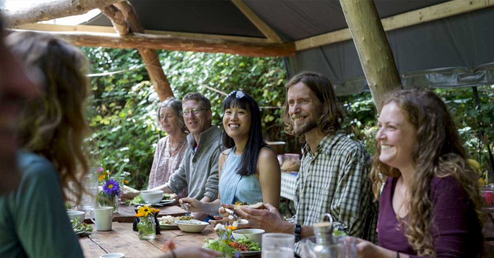 Dining at the Woodland campsite venue that's available to hire at The Sharpham Trust