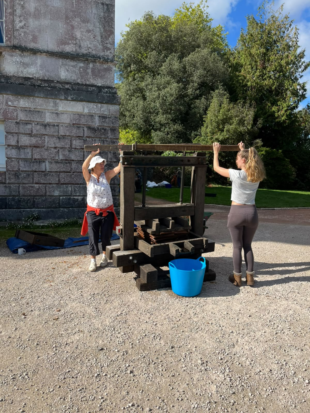 5. Volunteers operate the apple press to squeeze juice from the apples