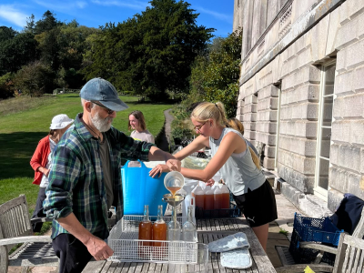 8. A production line of volunteers decants and bottles the scrumptious juice.
