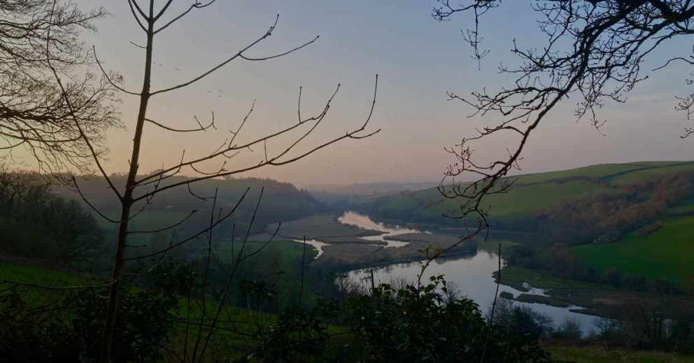 The River Dart from The Sharpham Estate, looking up towards Totnes, at dusk in spring. By Sybille Pouzet