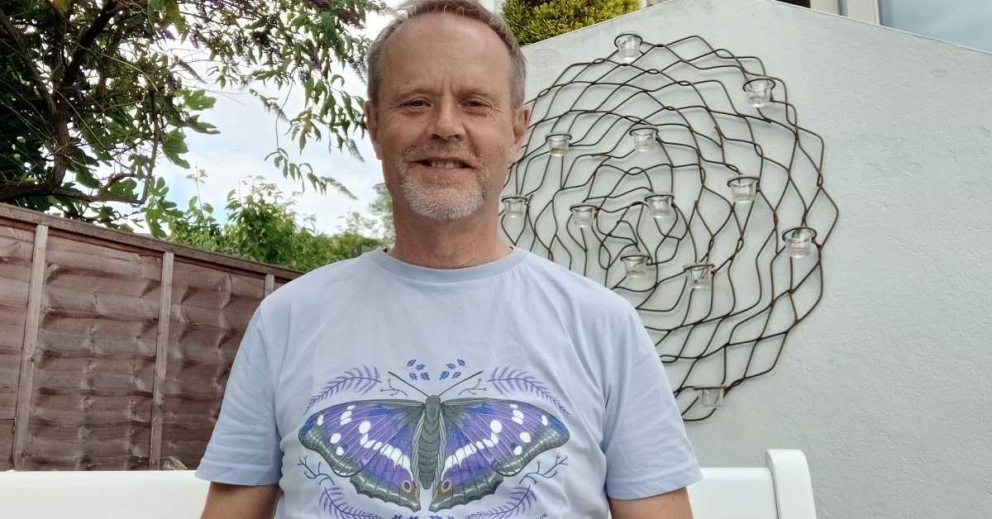 Steve Banks sporting a Purple Emperor butterfly t-shirt