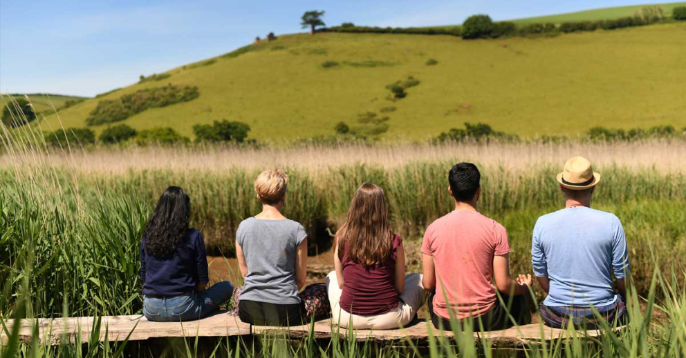 Retreatants sitting within the reeds at Sharpham