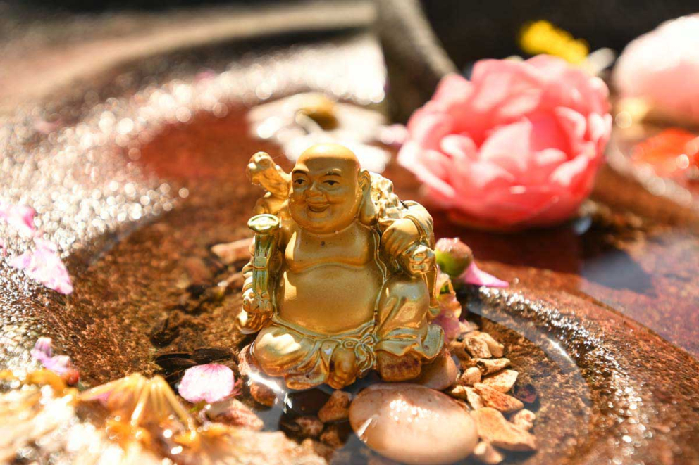 Little figure in a pool for the Mudita joy meditation retreat at the Sharpham Trust