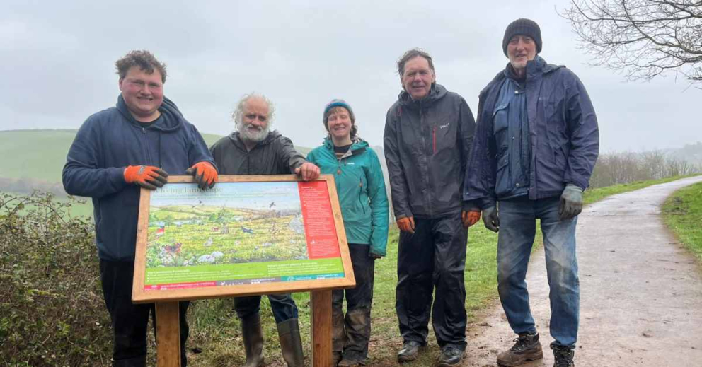 Volunteers helped to install a new information board beside the cycle/footpath through The Sharpham Estate, telling the story of the land and its inhabitants