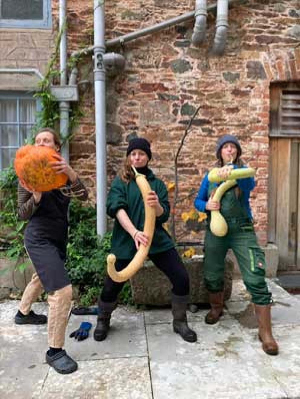Gardeners play tromboncino squash grown at The Sharpham Trust mindfulness & meditation centre