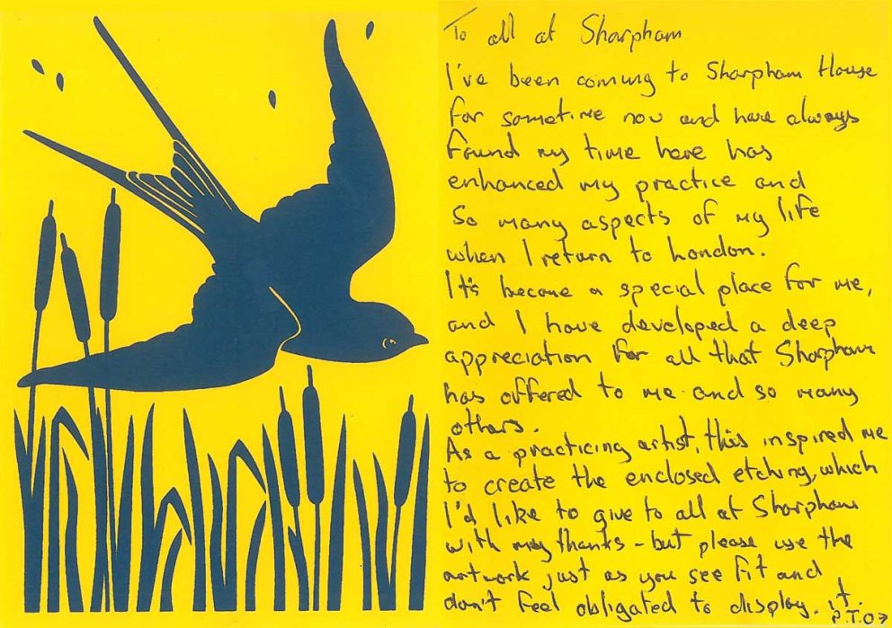 Michael Crossan's thank you card to The Sharpham Trust after his practice deepened whilst on retreat here