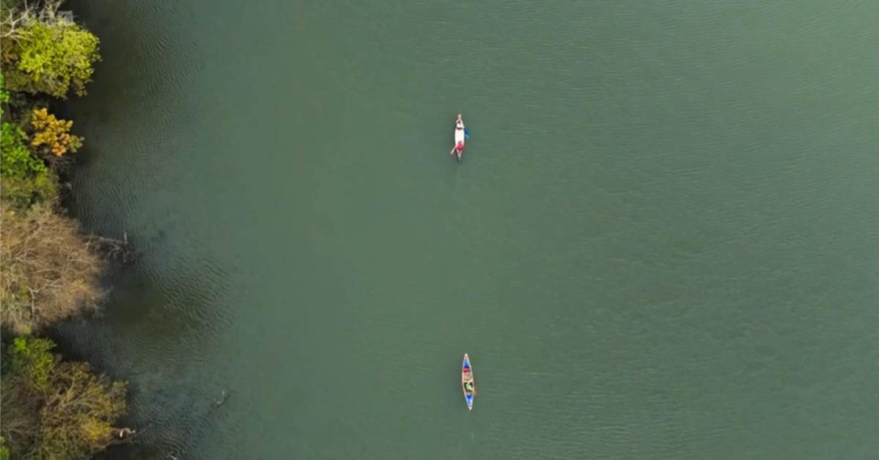 Drone footage of mindful canoeing at Sharpham