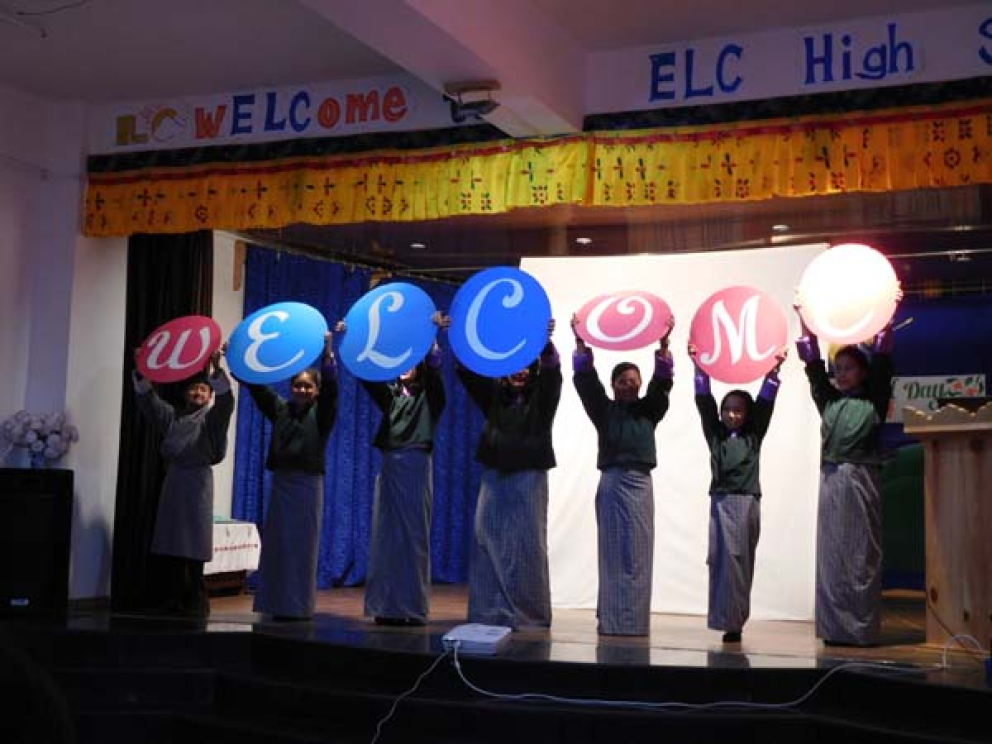 Being welcomed by schoolchildren - witnessed by Sharpham Trust Director Julian Carnell on his visit to Bhutan