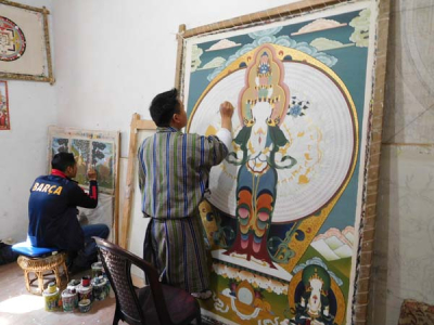 Making traditional religious paintings - witnessed by Sharpham Trust Director Julian Carnell on his visit to Bhutan