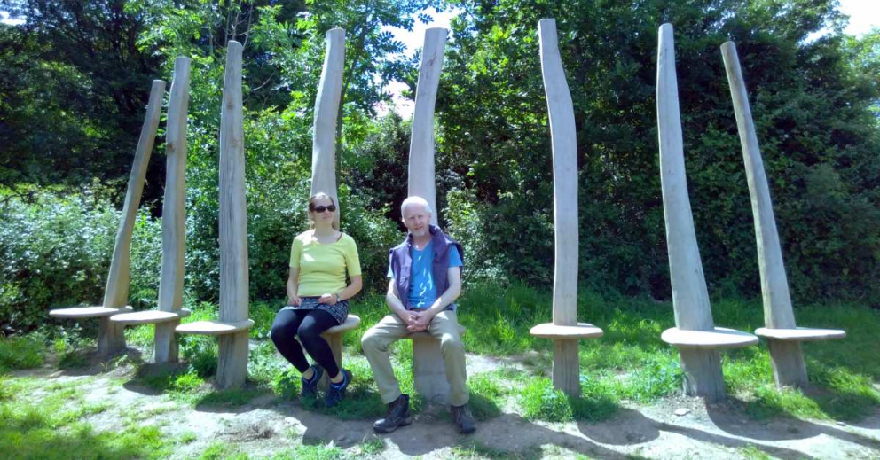 The completed Green Oak Bench on the Sharpham Estate, inhabited by Maya Herbolzheimer and wood artist Peter Lanyon