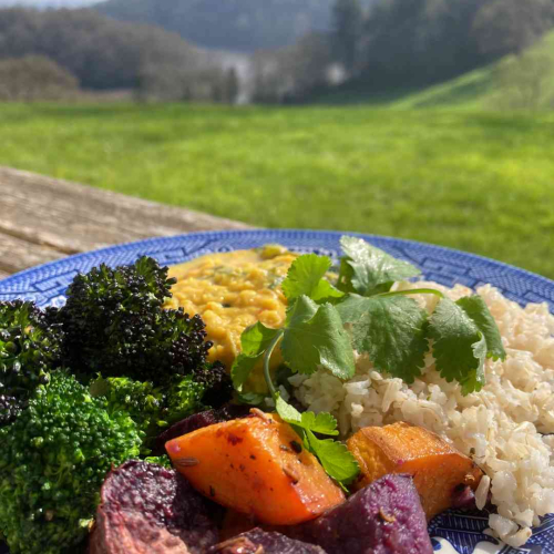 Simple dal with kale from Sharpham's gardens - by Sybille Pouzet