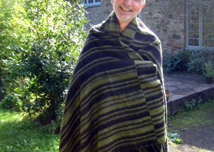 Peter Mallard wears his retirement gift from The Sharpham Trust in 2016