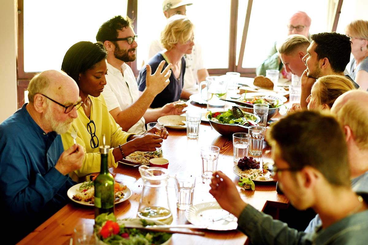 Diners at The Barn at The Sharpham Trust mindfulness retreat centre